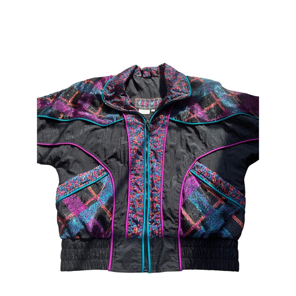 East West Vintage 80s 90s Windbreaker Jacket Multi-Color Abstract Plaid Small